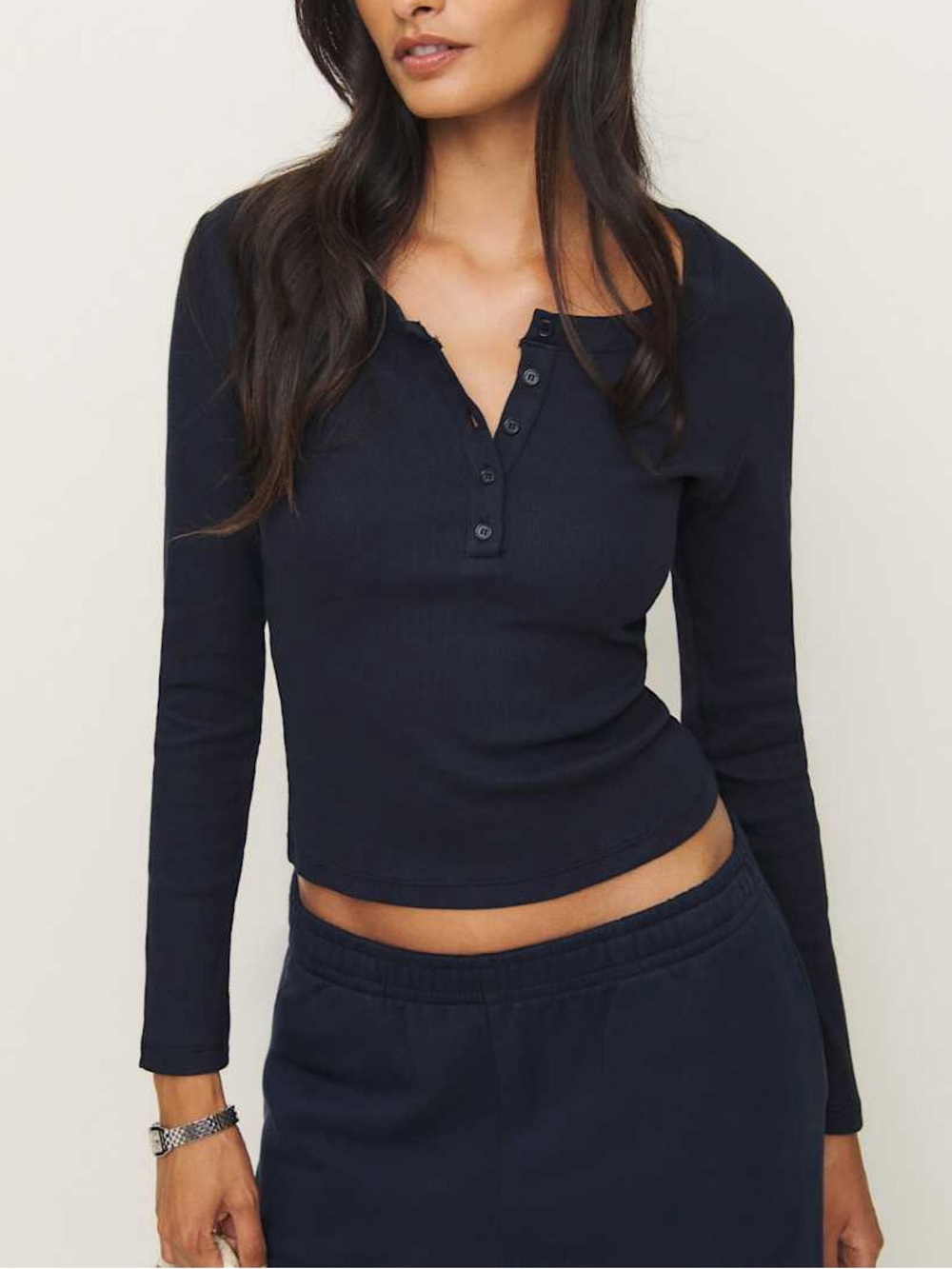Reformation Jayden Long Sleeve Ribbed Henley Tee Navy Blue S